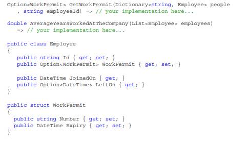 Use Bind to implement AverageYearsWorkedAtTheCompany, shown below (only employees who have left...