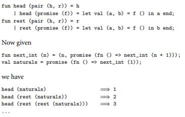 We can use encapsulation within functions to delay evaluation in ML: The delayed list naturals is...-2