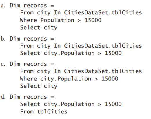 The tblCities table contains a numeric fi led named Population. Which of the following statements...