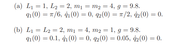 Double or compound pendulum. Two particles of masses m1 and m2 are connected by massless rigid wires...-2