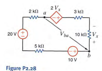 The 10-V source absorbs 2.5 mW of power. Calculate V ba and the power absorbed by the dependent...