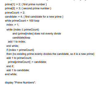 There are many ways to determine prime numbers. Here is a design for one way to find the first 100...-1