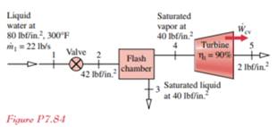 Figure P7.84 shows liquid water at 80 lbf/in.2 , 300 F entering a flash chamber through a valve at...