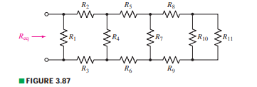 Calculate the equivalent resistance Req of the network shown in Fig. 3.87 if R1 = 2R2 = 3R3 = 4R4...