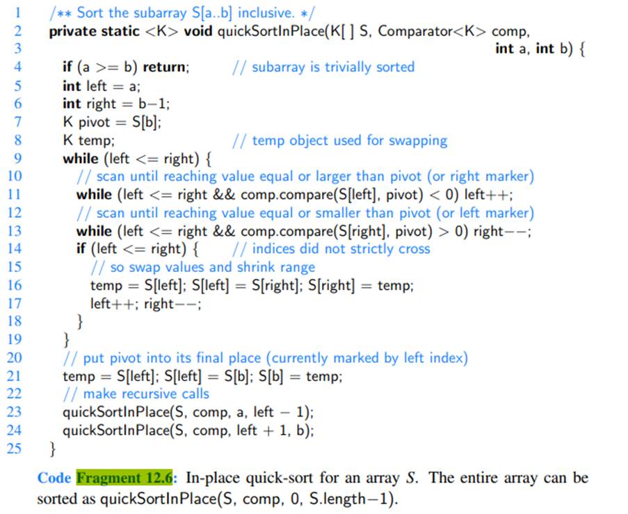 Modify our in-place quick-sort implementation of Code Fragment 12.6 to be a randomized version of...