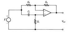 Let the operational amplifier be ideal. Derive the transfer function, F, in terms of all elements....