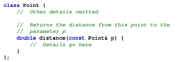 Given the definition of the geometric Point class in Section 14.2 add a method named distance: that...