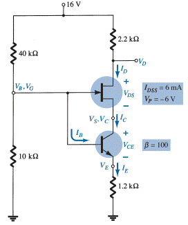 For the combination network of Fig. 97, determine: a. VB and VG. b. VE. c. IE, IC, and ID. d. IB. e....