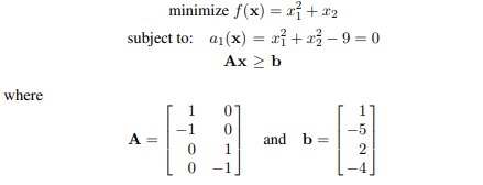 Applying Algorithm 15.4, solve the nonlinear constrained optimization problem-1