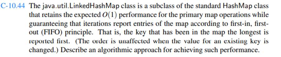 Implement a LinkedHashMap class, as described in Exercise C-10.44, ensuring that the primary map...