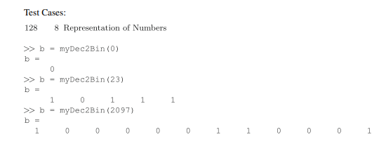 Write a function with header [b] = myDec2Bin(d), where d is a positive integer in decimal, and b is...