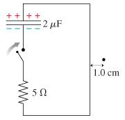 The capacitor in the figure is charged to 50 V. The switch closes at t=0s. a) Find the maximum field...