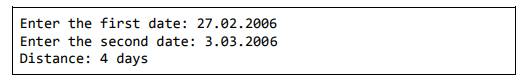 Write a program that reads two dates entered in the format "day.month.year" and calculates the...