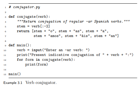 Modify the conjugate() function of Example 3.1 to conjugate regular Spanish “-ar” and “-er” verbs....