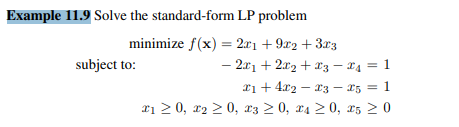 Solve the standard-form LP problem in Example 11.9 using the PAS algorithm.