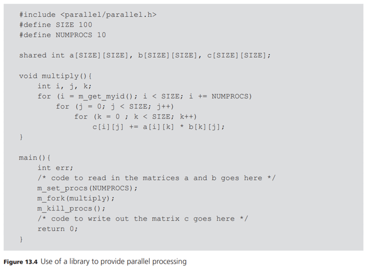 In Figures 13.4 and 13.5, the main process creates new child processes to compute the matrix product...-1