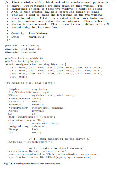 Rewrite the code of Fig. 2.8 using XSetWindowBackgroundPixmap() and XClearWindow() Xlib function...-1