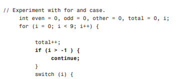 Let’s test how the continue statement works in a for loop. Add these bolded lines to your HelloWorld...-1