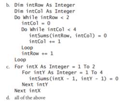 Which of the following assigns the number 0 to each element in a two-row, fourcolumn Integer array...-2