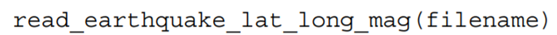 Write a function that opens and reads this file, accumulating three lists, the latitudes,...