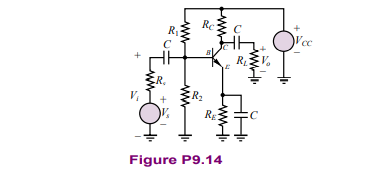 The circuit shown in Figure P9.14 is a common-emitter amplifier stage. Determine the Thevenin...