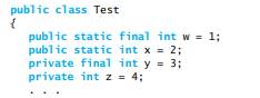 Consider a class Test that begins as follows: a. Which of w, x, y, and z—if any—can have their...