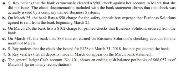 Santana Rey receives the March bank statement for Business Solutions on April 11, 2018. The March 31...