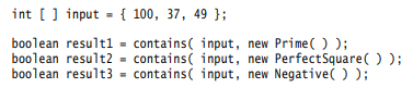 Method contains takes an array of integers and returns true if there exists any item in the array...