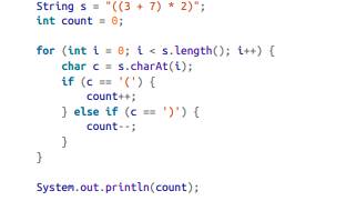 The following code fragment traverses a string and checks whether it has the same number of opening...