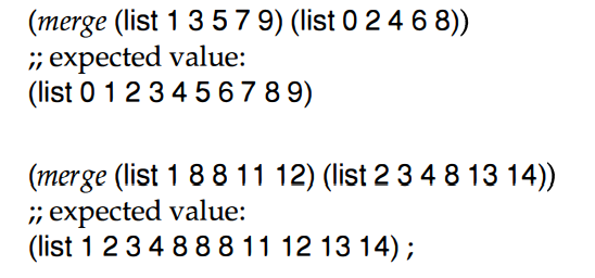 Develop the function merge. It consumes two lists of numbers, sorted in ascending order. It produces...