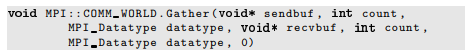 The opposite effect of Bcast can be obtained from the MPI function Gather. It collects information...