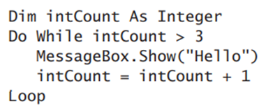 How many times will the MessageBox.Show method in the following code be processed? a. 0 b. 1 c. 3 d....