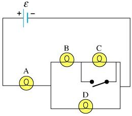 In this problem E denotes the emf provided by the source, and R is the resistance of each bulb. One...