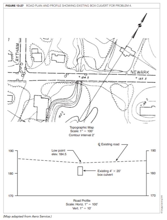 Figure 13-27 shows an existing road and existing culvert. Evaluate the hydraulic adequacy of the...-1