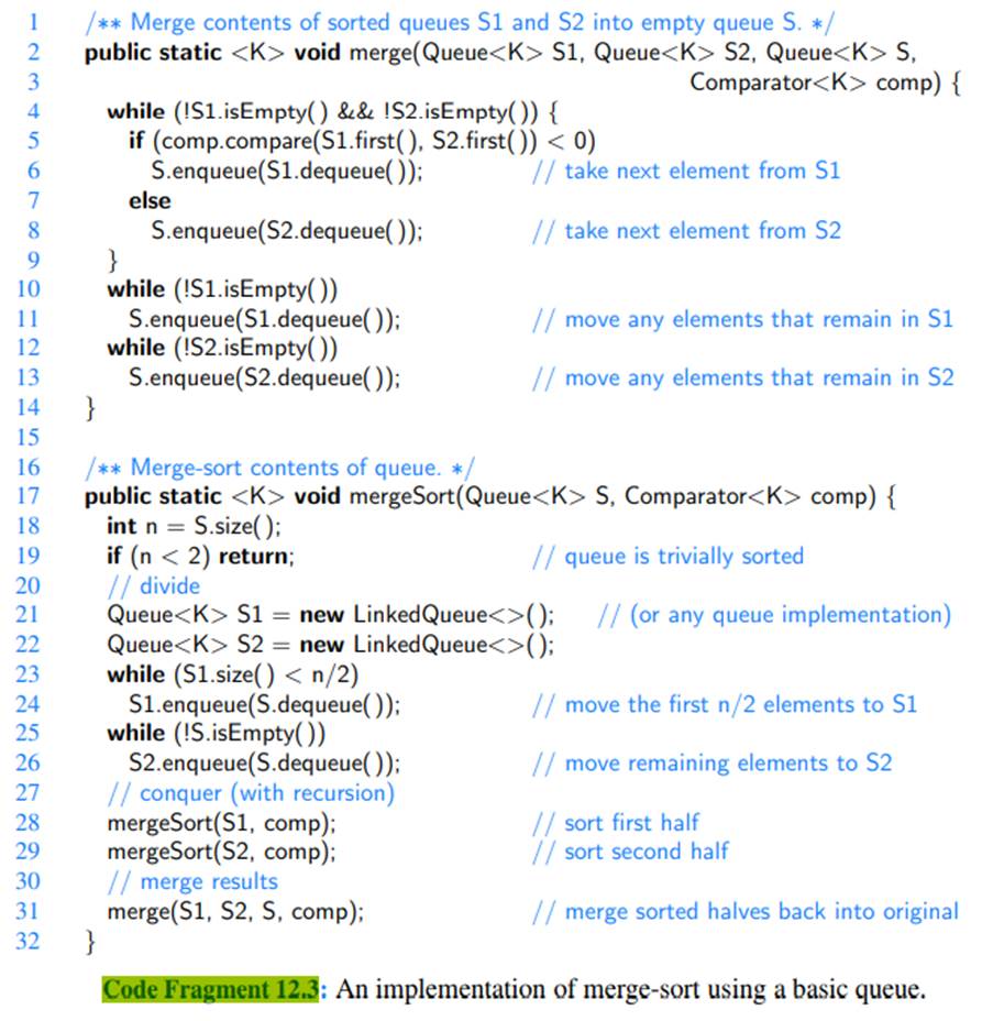 Is our linked-list-based implementation of merge-sort (Code Fragment 12.3) stable? Explain why or...