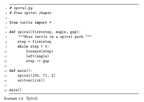 List all of the values taken on by the step variable in Example 1.6 from the call spiral(40, 30,...