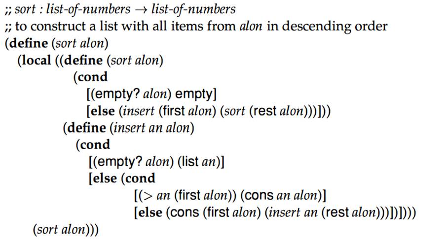 Recall the definition of sort, which consumes a list of numbers and produces a sorted version:...