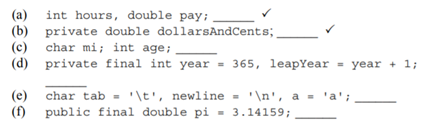 Which of the following lines are syntactically valid declarations of fields? Of local variables?