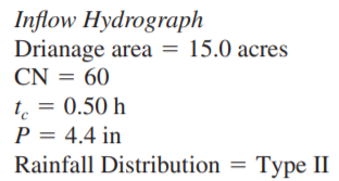 Using the data listed below, compute an inflow hydrograph using the NRCS Method. Route the inflow...-1