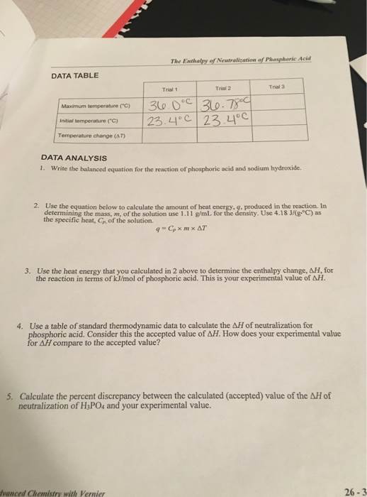 The enthaply of neutralization of Phosphoric Acid Please help with 1-5 The enthaply of...
