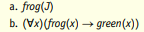 Suppose that in a formal logic, green(x) means that x has the attribute of being green, frog(x)...