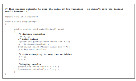 The program below was written in an attempt to swap the value of two variables. However it does not...