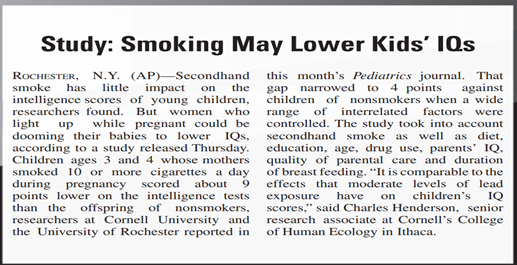 Smoking During Pregnancy and Child’s IQ Original Source: Olds, Henderson, and Tate lbaum (February...