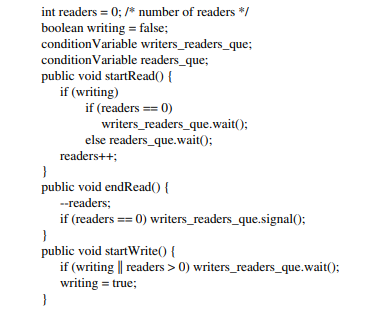 Section 3.5.4.2 showed a semaphore implementation of strategy R>W.2. This strategy allows concurrent...-1