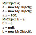 Memory Models Assume that we have a class MyObject with a member variable public int x. Now,...