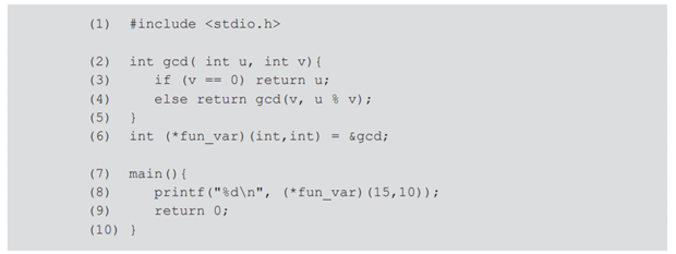 Here is a legal C program with a function variable: Compare lines 6 and 8 of this code to the...-1