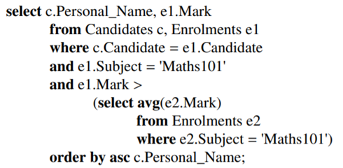 Consider the query on page 177, to find all candidates who scored better than average in Maths101....