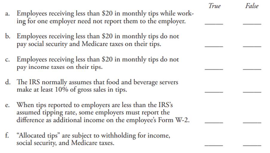 Tips. (Obj. 1) The following questions involve tip income. Answer each question by inserting an X in...