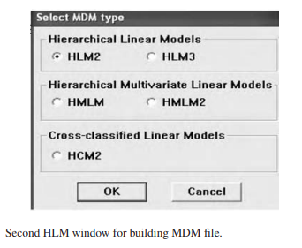 You must then identify the kind of modeling to be used from the window displayed below. Choose HLM2...
