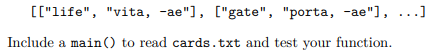 Write a function pairs(text) to return a list of front-back pairs for all of the cards in the string...